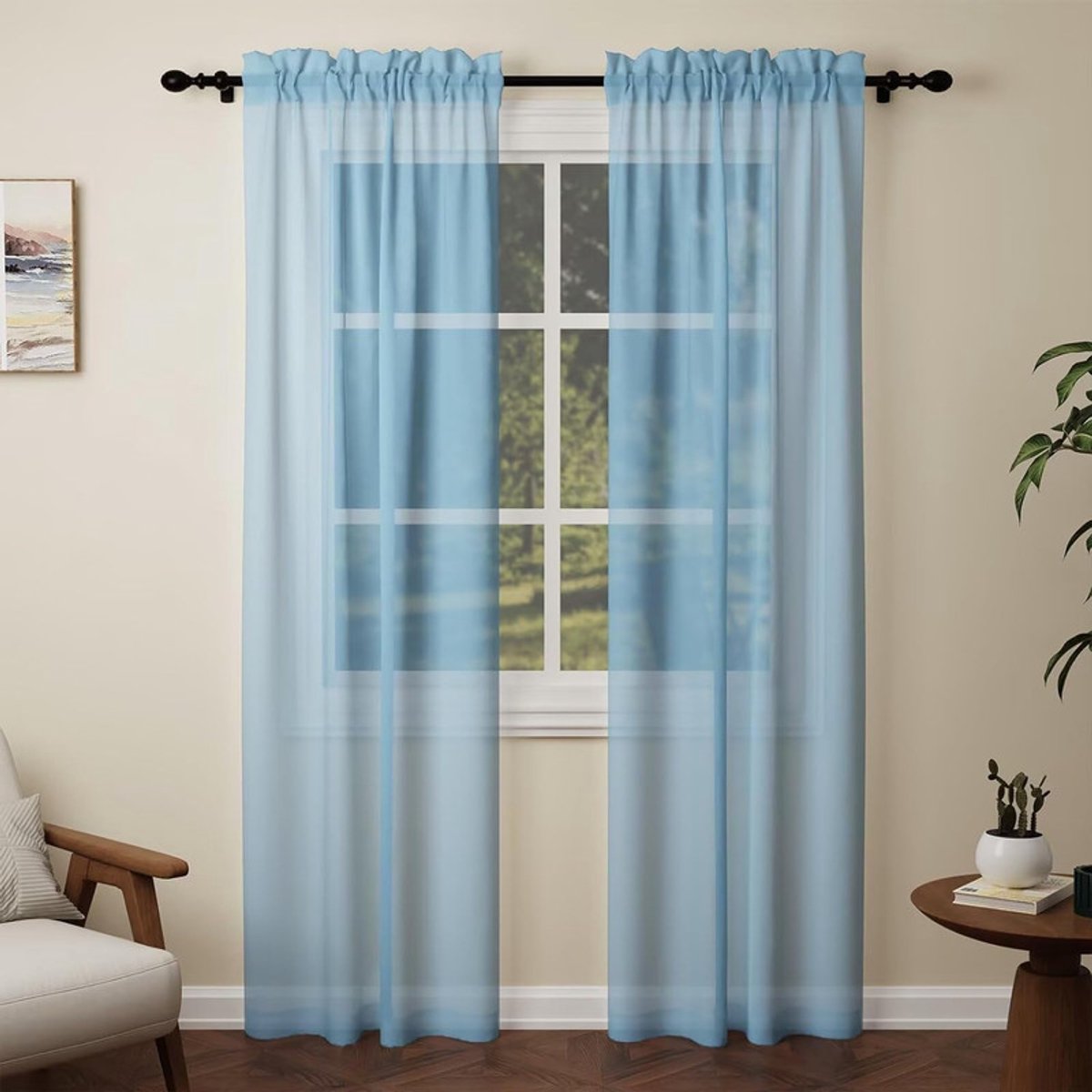 Blauw Tule Gordijnen 2 Stuks - 132x160 cm - Tunnel Voor Gordijnroede - Semi-Transparant & Privacy - Voor Woonkamer, Keukens & Slaapkamer