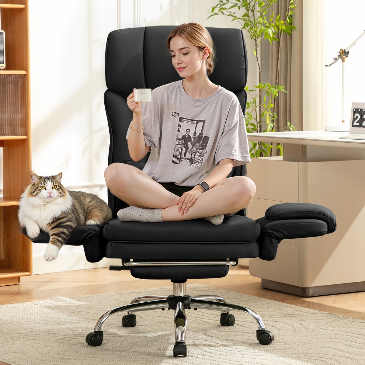 FelixKing grote ergonomische bureaustoel met uitschuifbare armleuningen, PU-lederen grote directiestoel met voetensteun, lendensteun, brede zitting voor gamen, omkeerbare armleuningen voor extra ruimte, draaibare computerstoel met hoge rugleuning