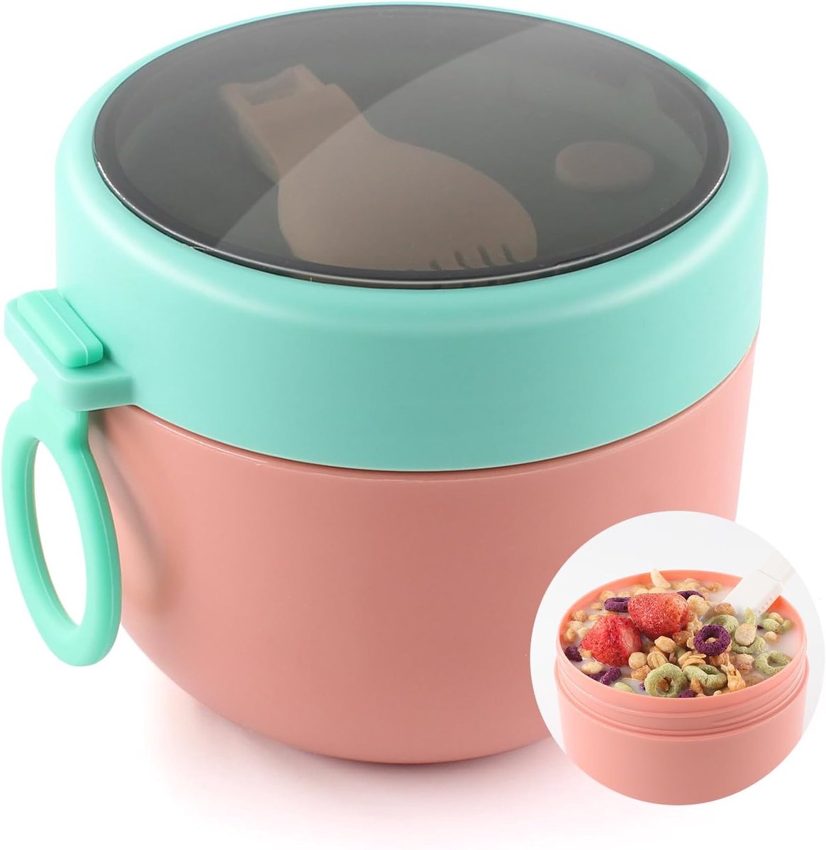 QTTVBTNA – Ontbijtbeker To Go – 600 ml – Lunchpot –Yoghurt beker – Lekvrije Porridgebeker met Opvouwbare Lepel – Yoghurtbeker voor Fruit, Muesli en Snacks – Lunchcontainer voor Werk, School, Uitstapjes en Picknick – Rood