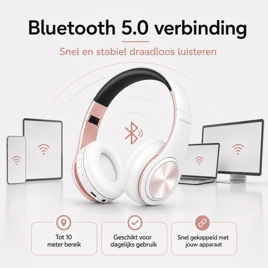DrPhone BH1 - Draadloze Bluetooth Koptelefoon - FM Radio, Micro SD en AUX - On-Ear Headset met Microfoon - Wit/Rose