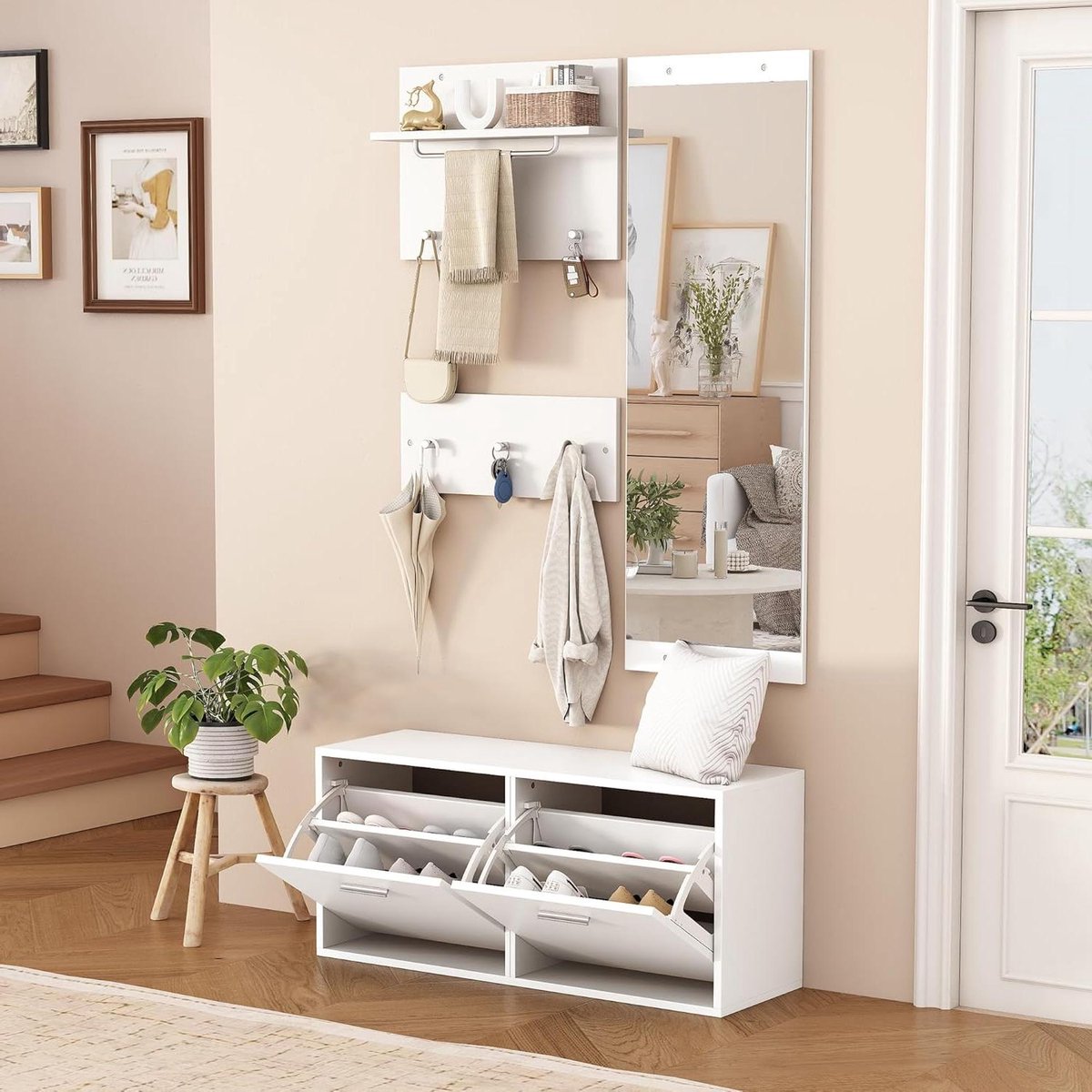 Garderobeset 4-delig - Halmeubel set - Entree organiseren - Met spiegel - 90 cm breed - Wi