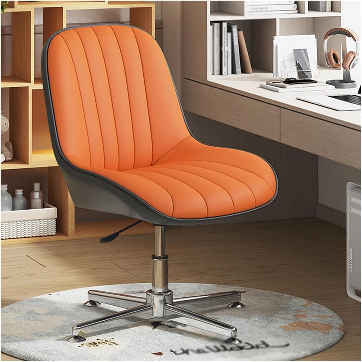 Bureaustoel Zonder Armleuningen met Brede Zitting en 360° Draaifunctie – Ergonomische Cross-Leg Bureaustoel van Kunstleer voor Thuiswerkplek, Kantoor, Gaming en Studie – Oranje/Cream – Mobili Bella