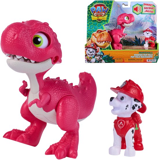 PAW Patrol - De Dino Film - Marshall Roaring Pup Pals, bevat beweegbare speelgoeddinosaurus Rhubarb van 10,1 cm met geactiveerde geluiden en Marshall-actiefiguur