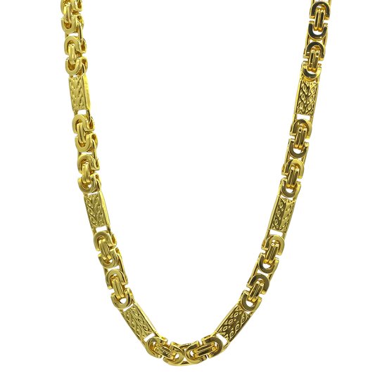Gouden koningsketting met een platte schakel, 6mm breed en 70cm lang. De schakels zijn gedetailleerd met een patroon.