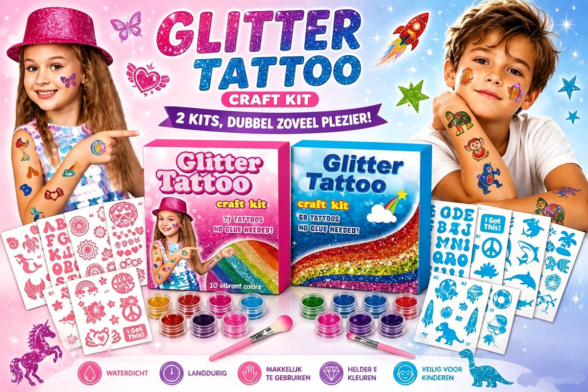 Glitter body art voor kinderen - Glitter tattoo kit Bevat: 10 transfervellen 20 doosjes glitterpoeder 4 kwastjes， 8 vlinderstickers voor op het gezicht 4 klassieke tattoo stickers met bergen en zeeën-2 geschenkdozen