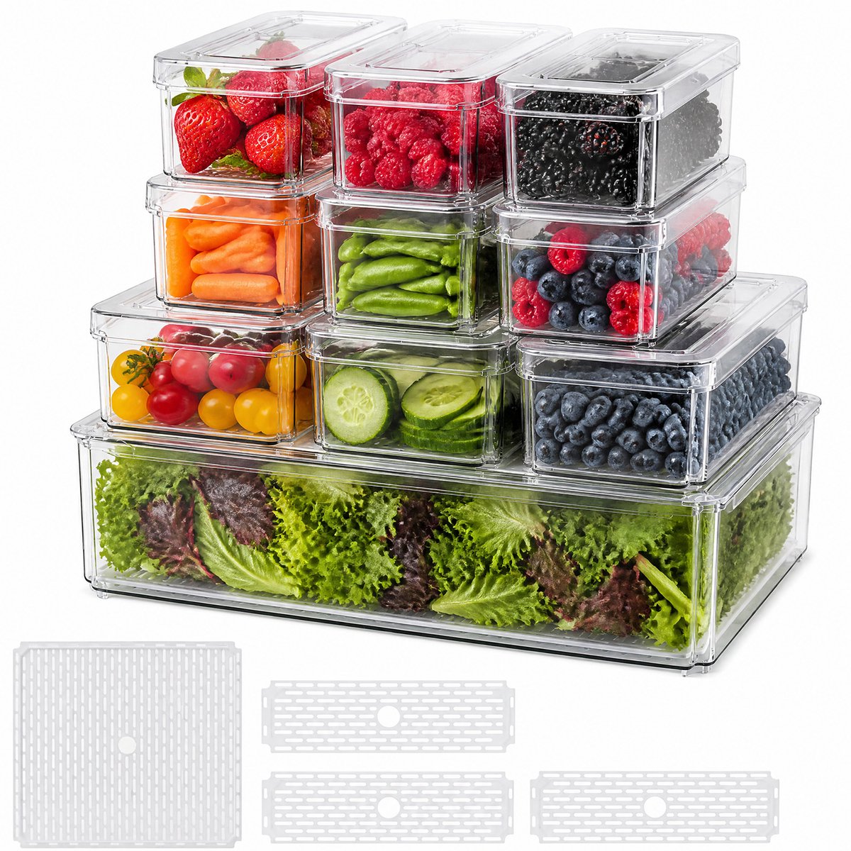 10 Delige Koelkast Organizer Set - Voedselbewaar Dozen - Luchtdichte Vershoudbakjes Met Afdruipplaat - Groente En Fruit Opbergboxen - Keuken Opslag Set