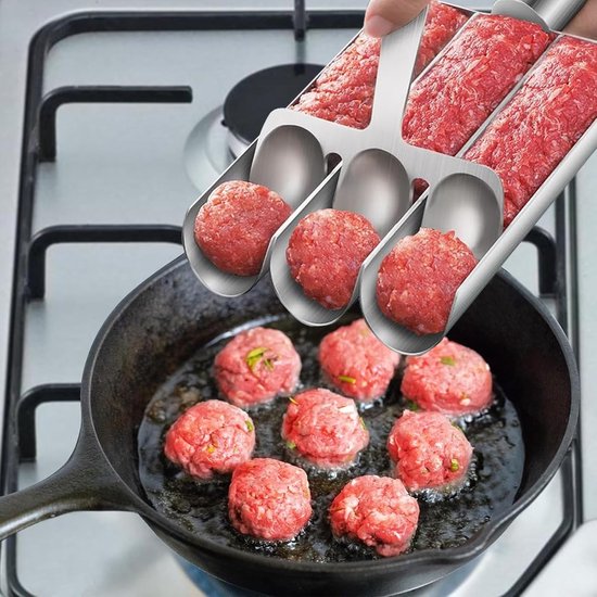 Gehaktbalmaker - 3-in-1 gehaktbal maker gereedschap - RVS - Handmatige - Gehaktbalvorm - Keukengerei - Keukenaccessoires - Gehaktballetjesmaker - Moeiteloos 3 gehaktballetjes tegelijk - 22.3*9.3cm - Zilver — afbeelding 3