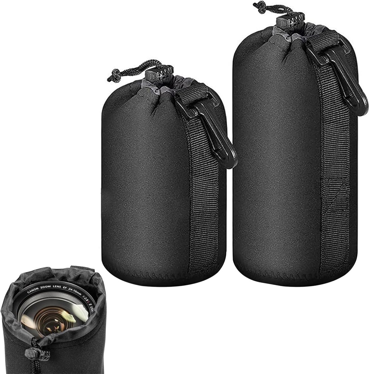 Lenszak, lenstas, lenshoes, waterdichte tas voor lens en camera, trekkoord, Zwart, 2PC(M.L)