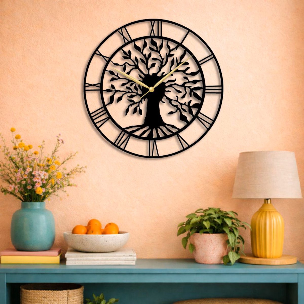 Levensboom Wandklok 50 cm – MDF Wandklok met Romeinse Cijfers – Zwart – Moderne Decoratieve Muurklok voor Woonkamer