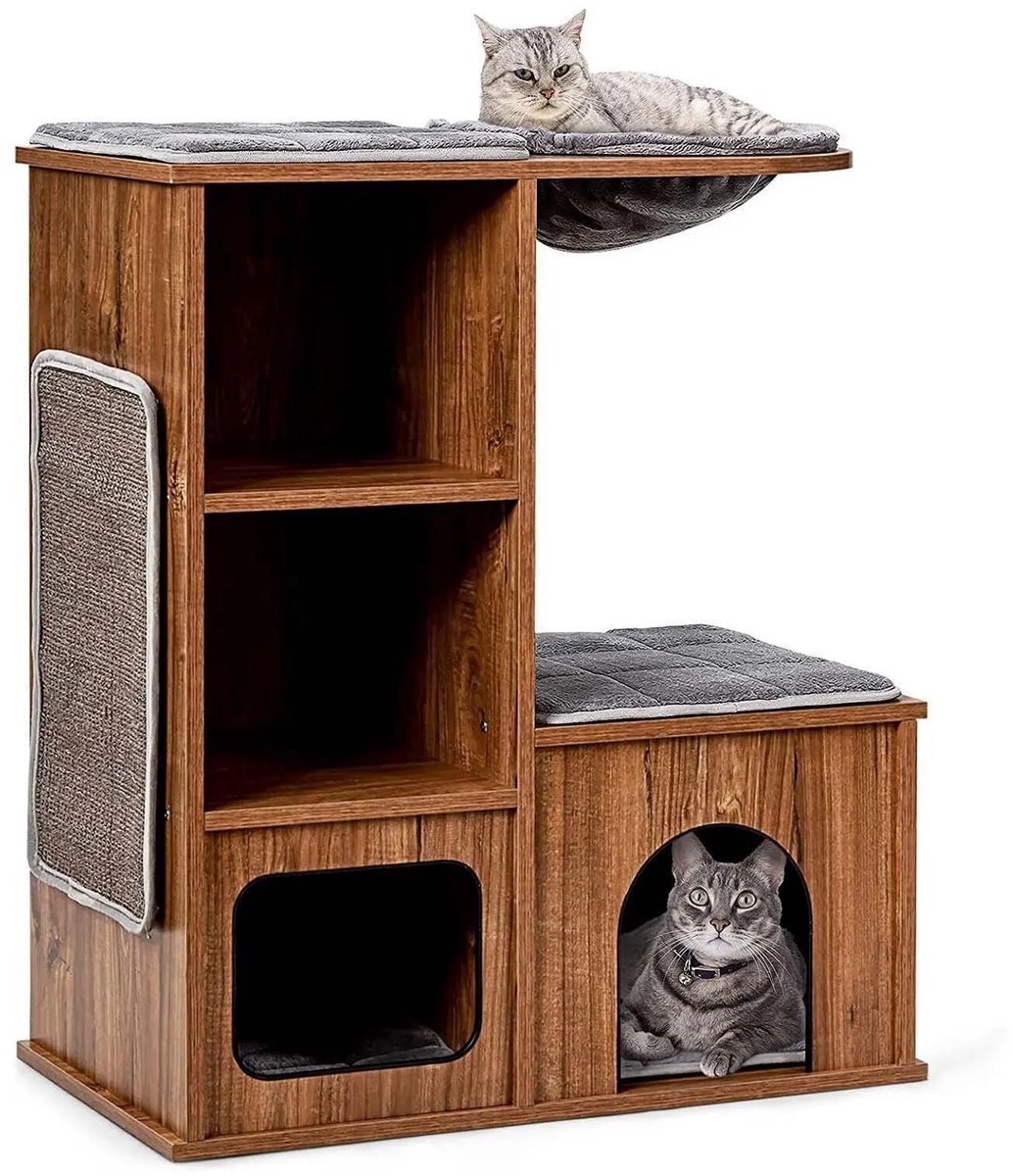 VIVERO - Krabpaal - Krabton - Kattenmand - 3 in 1 krab- en speelhuis - Design krabpaal - Kleur: walnoothout met grijze bekleding