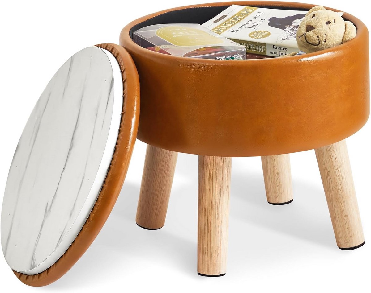 Voetenbank met Opbergruimte - Ronde Poef - Extra Zitmogelijkheid - Gespannen PU Leer - 33 cm Hoog - Bruin