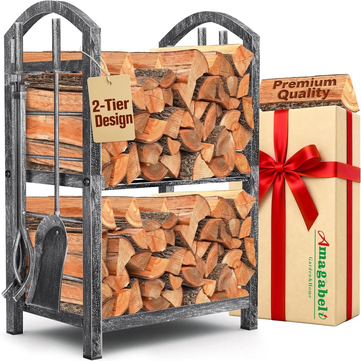 Hout Rek - Opslag Houder - Open Haard Gebruik - Inclusief Gereedschap - 73.9 cm Hoog - Tin Kleur
