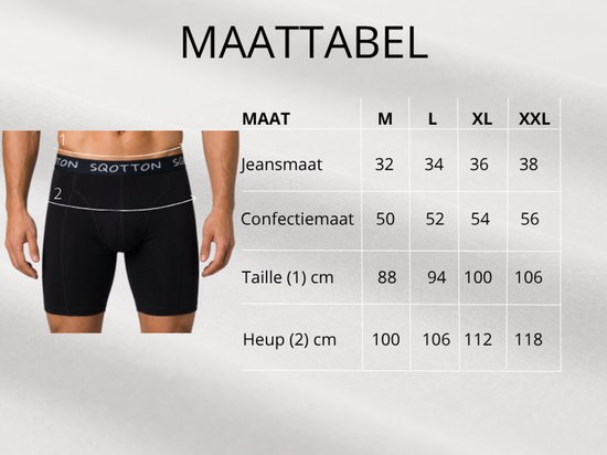 Maattabel voor boxeshorts: jeansmaat, confectiemaat, taille en heupomtrek in cm.