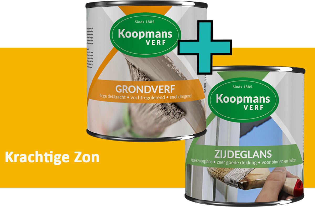 Koopmans Grondverf en Zijdeglans Lakverf - set geschikt voor hout en metaal – Krachtige Zon – 2x – 2,5 l