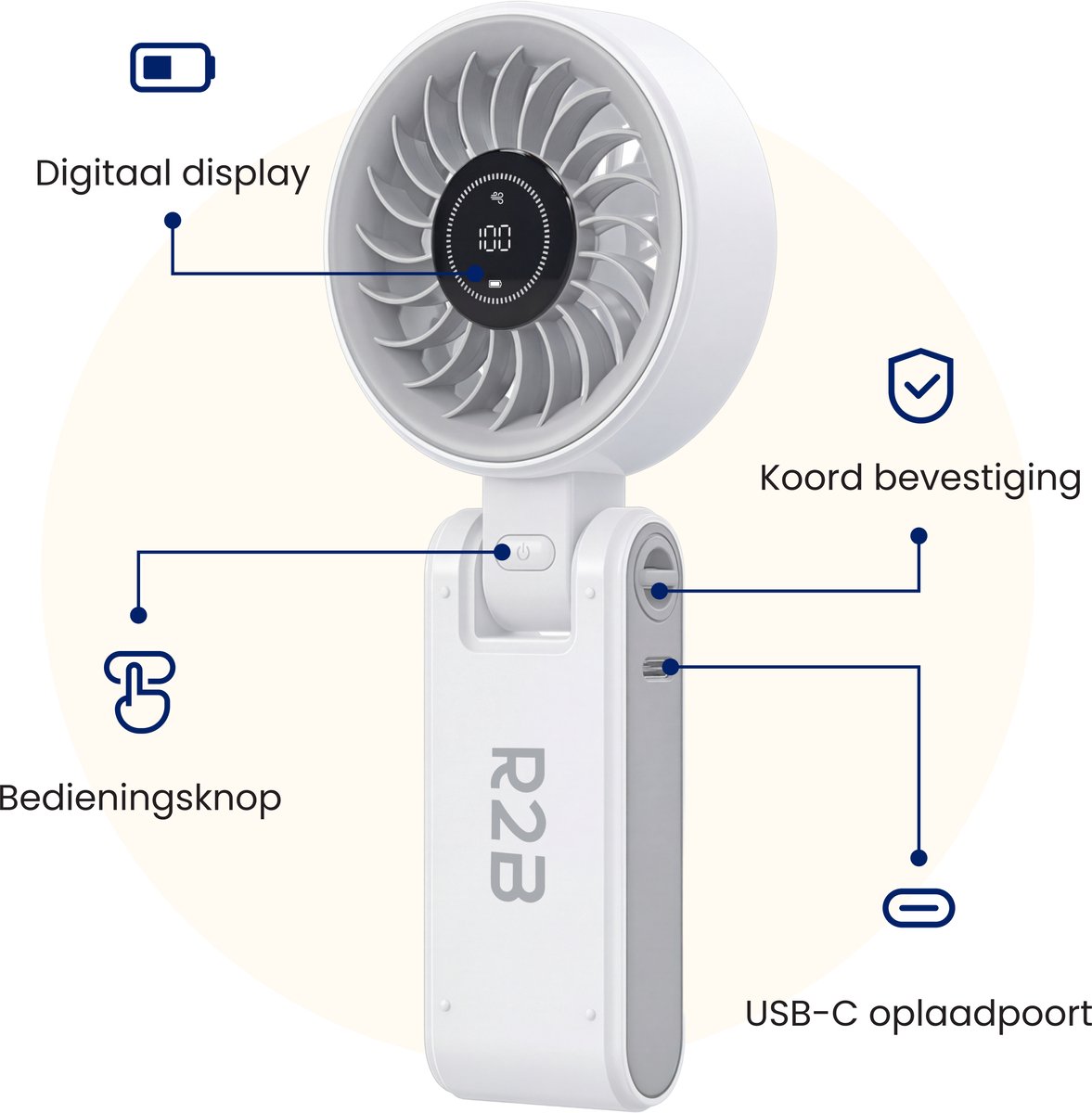 R2B Handventilator Oplaadbaar - Draagbare Mini Ventilator - Nekventilator met 100 Snelheden - Opvouwbaar - 4000 mAh - LED Display en Draagkoord — afbeelding 5