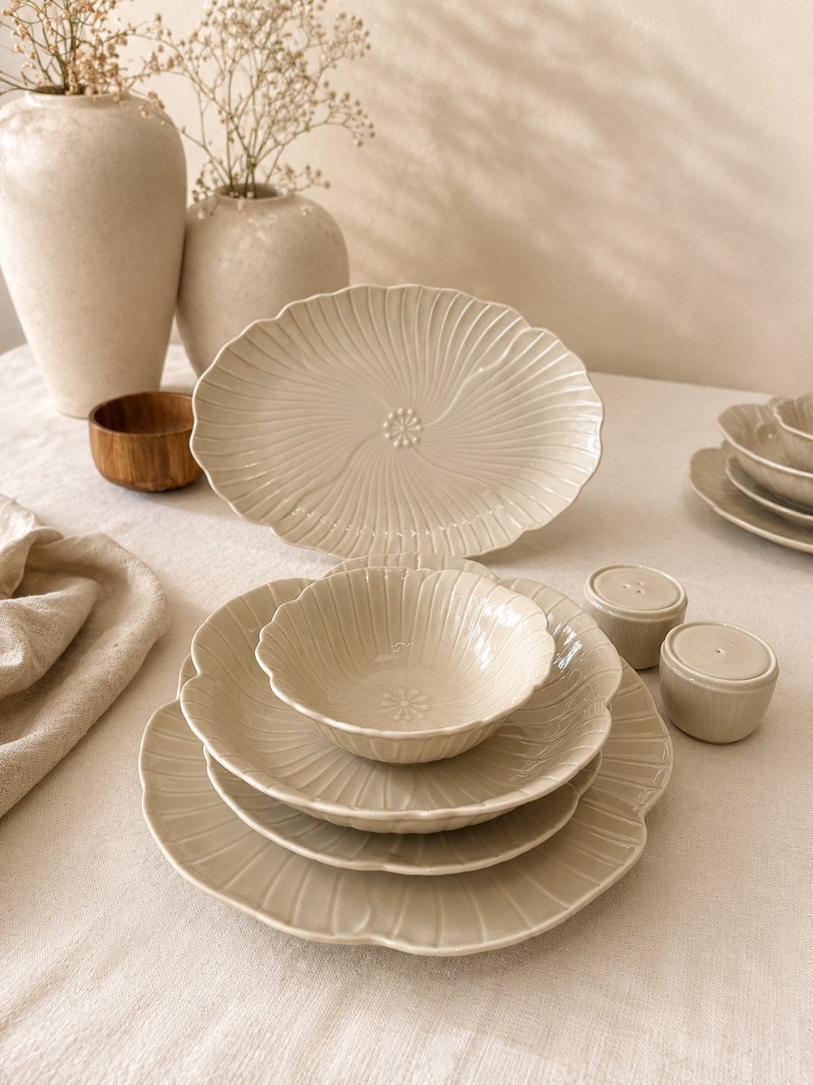 Bricard–dinerset–Florange–porselein–taupe–27-delig–vaatwasser+magnetronbestendig
