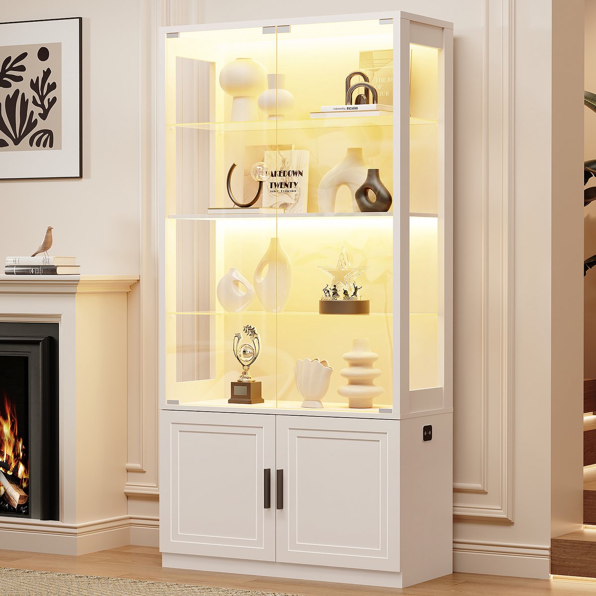 BROTTAR - Glazen vitrine met 4 niveaus - Glazen deuren - LED-verlichting met 3 kleuren - Verstelbare glazen planken - Bewegingssensor - Extra opbergruimte onderin