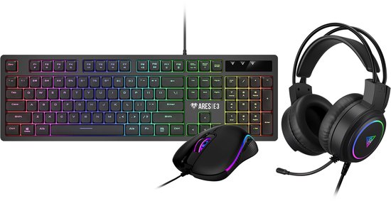 Gaming toetsenbord, muis en headset met RGB-verlichting, op een witte achtergrond.