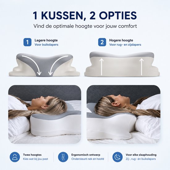 Ergonomisch Hoofdkussen - 95% Katoen - Hoofdkussen Nekklachten - Vlinderkussen - Voor Rug-, Buik- en Zijslapers - Memory Foam - Traagschuim Kussen - Slaapkussen - Kussen - Ergonomisch Kussen - Orthopedische Kussens - Zacht