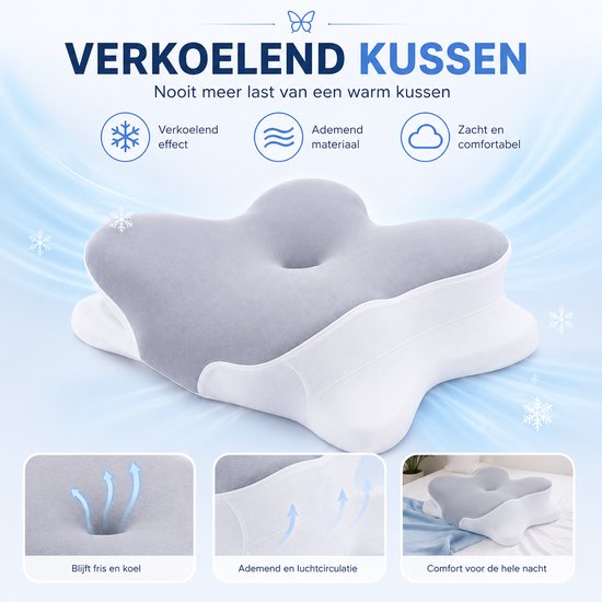 Ergonomisch Hoofdkussen - 95% Katoen - Hoofdkussen Nekklachten - Vlinderkussen - Voor Rug-, Buik- en Zijslapers - Memory Foam - Traagschuim Kussen - Slaapkussen - Kussen - Ergonomisch Kussen - Orthopedische Kussens - Zacht