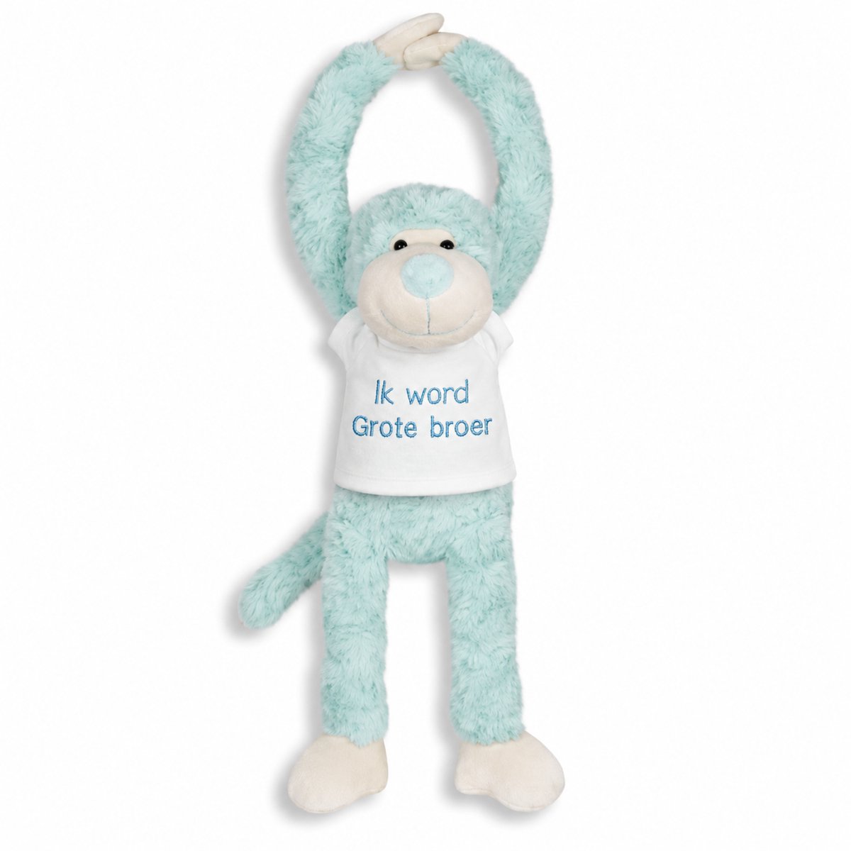 Knuffel aap met Geborduurd Shirt “Ik word grote broer ” – Zwangerschap Aankondiging – Cadeau Grote Broer – Knuffel met Tekst – Baby Aankondiging – slinger aap