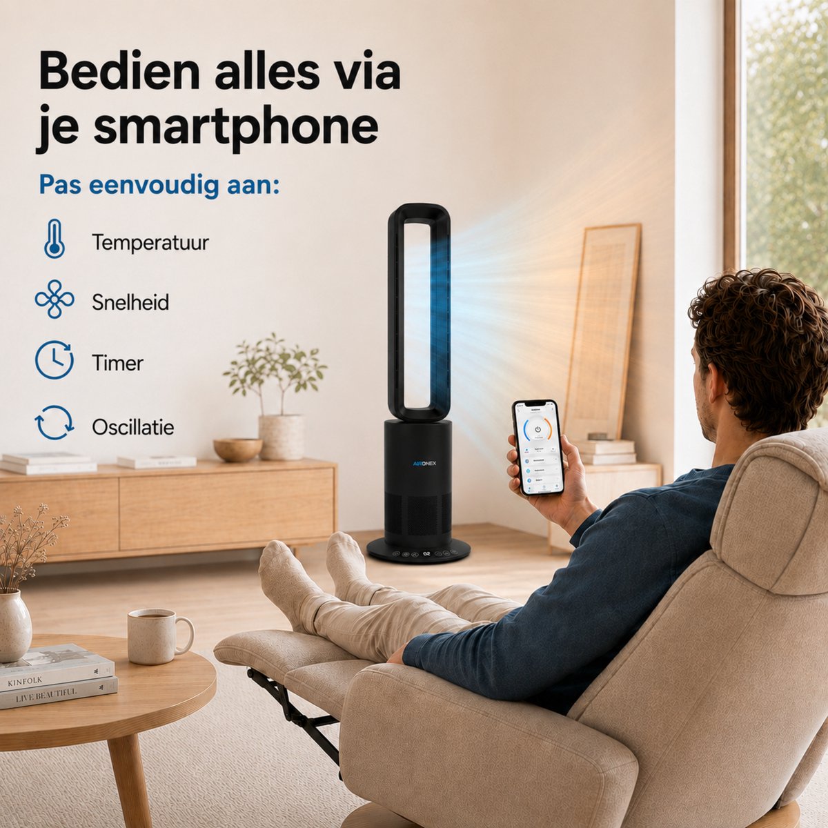 Aironex Bladloze Ventilator Zwart - Energiezuinige Luchtkoeler - Aircooler met Draaifunctie - Verwarming en Verkoeling in 1 -Ventilatoren - TafelVentilator -Vloerventilator thumbnail 2