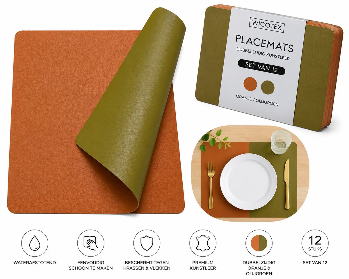 Wicotex - Placemats - Placemat Kunstleer Oranje - Pistache Moon - Dubbelzijdig 12 stuks