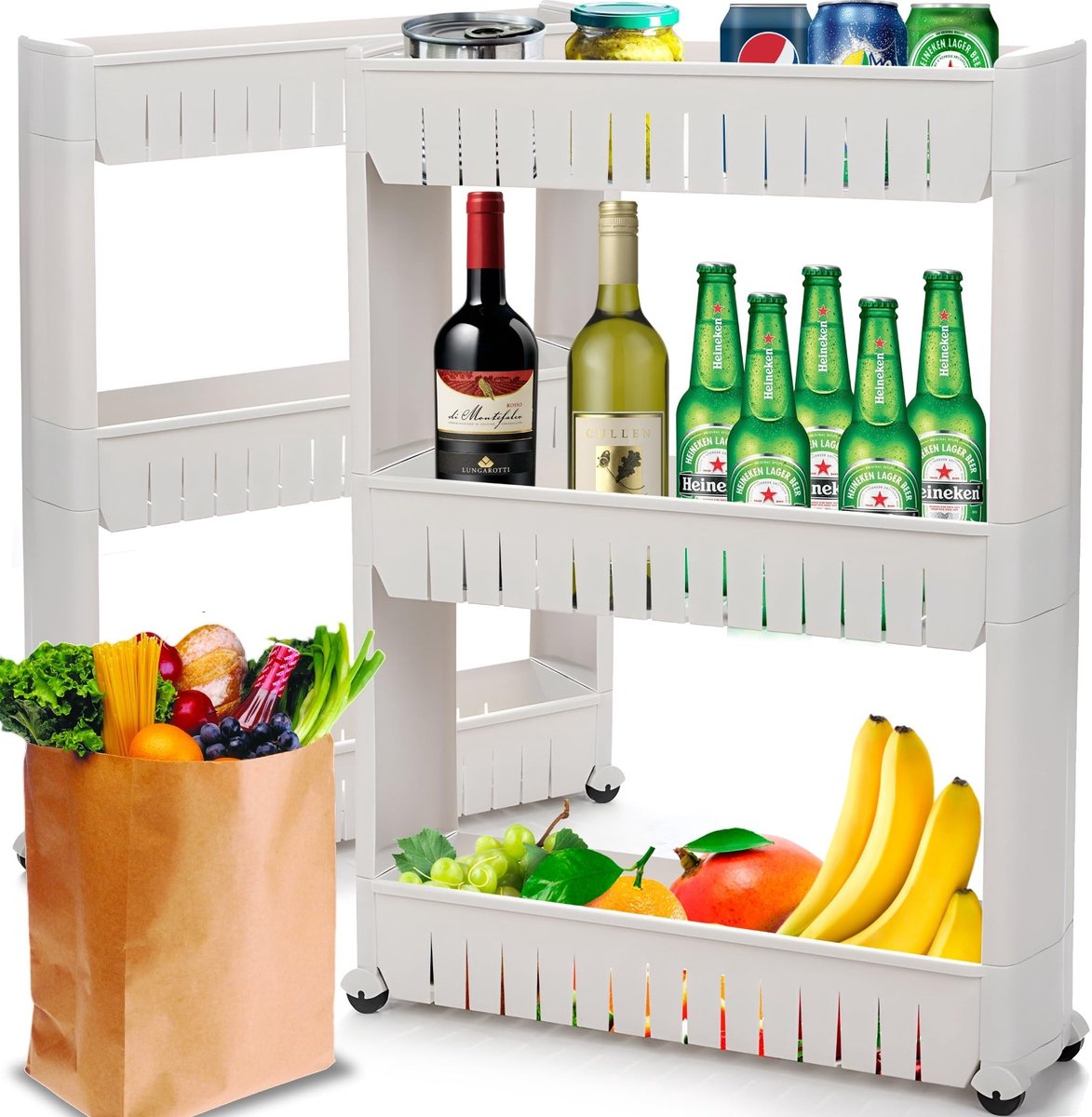 Dailygoods- Keukentrolley met 3 niveaus - Ruimtebesparende Trolley - Kunststof - Op wielen - Multifunctioneel - Voor keuken/badkamer - Opbergwagen