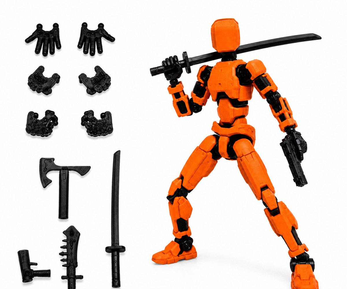 Enluxe Oranje T13 Stick Action Figure – Flexibele Beweegbare Pop, Verwisselbare Handen en Speelgoedwapens, Creëer je Eigen Gevechtsscene, Perfect voor Kinderen en Verzamelaars
