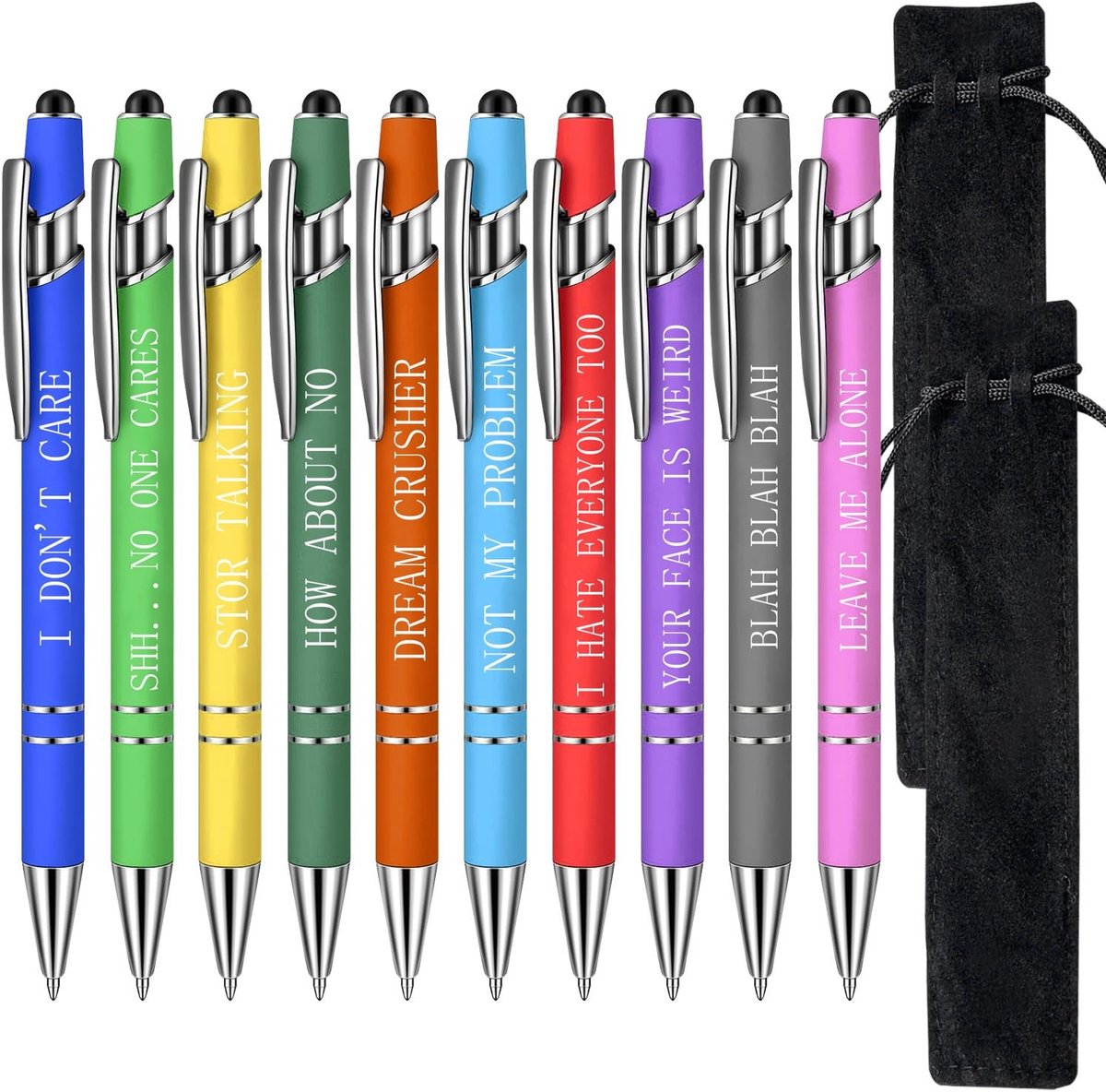 Dailygoods- Balpennen 10 Stuks - Inspirerende Citaten - Fluwelen Zakjes - Zwarte Inkt - Metalen Pen - Ideaal voor Studenten - Schrijfpen