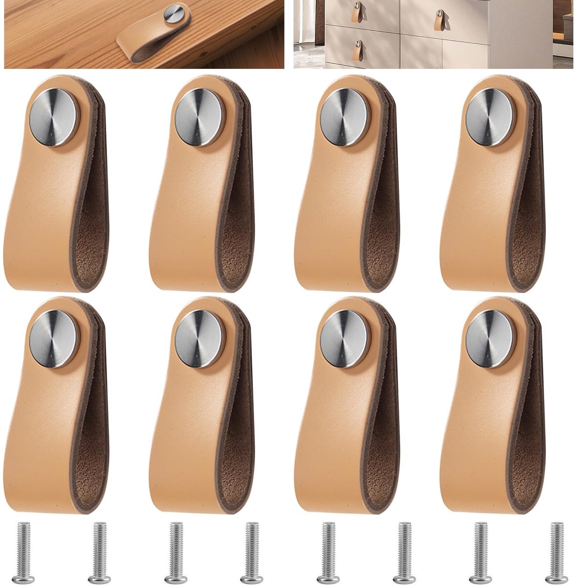 Dailygoods- Meubelknoppen Leer Beige - 8 Stuks - Deurklinken - Kastknoppen - Vintage - Afm
