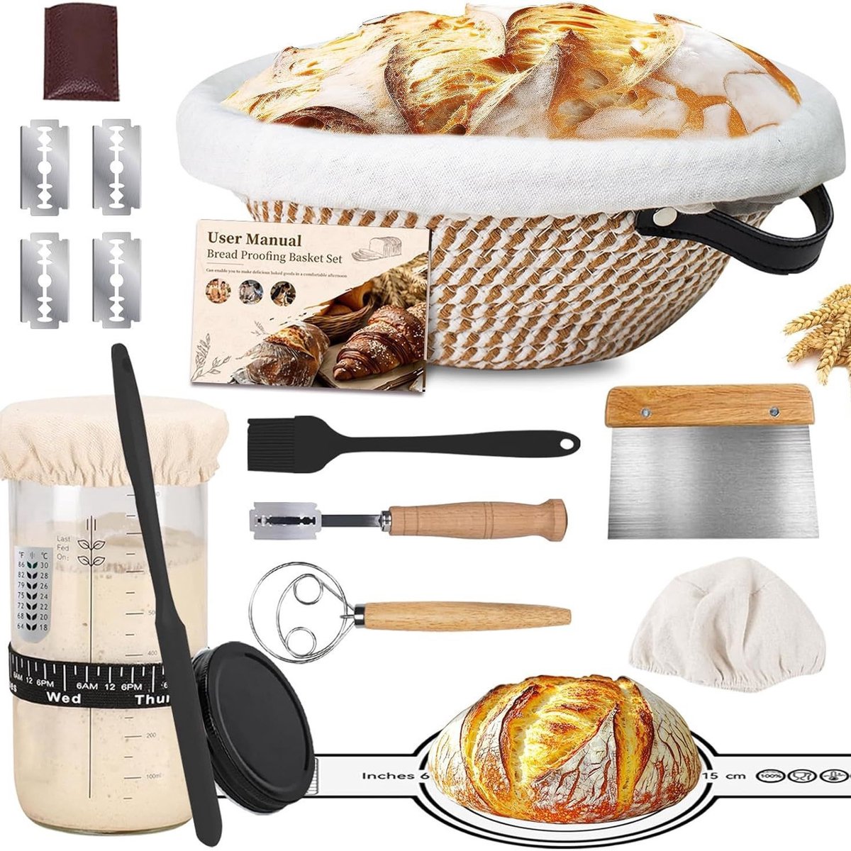 19-delige Zuurdesem Starter Set – Brood Bakset - Rijsmand Set met Gistmanden, Keukenhulpmiddelen & Accessoires – Bakgereedschap voor Brood en Bakken