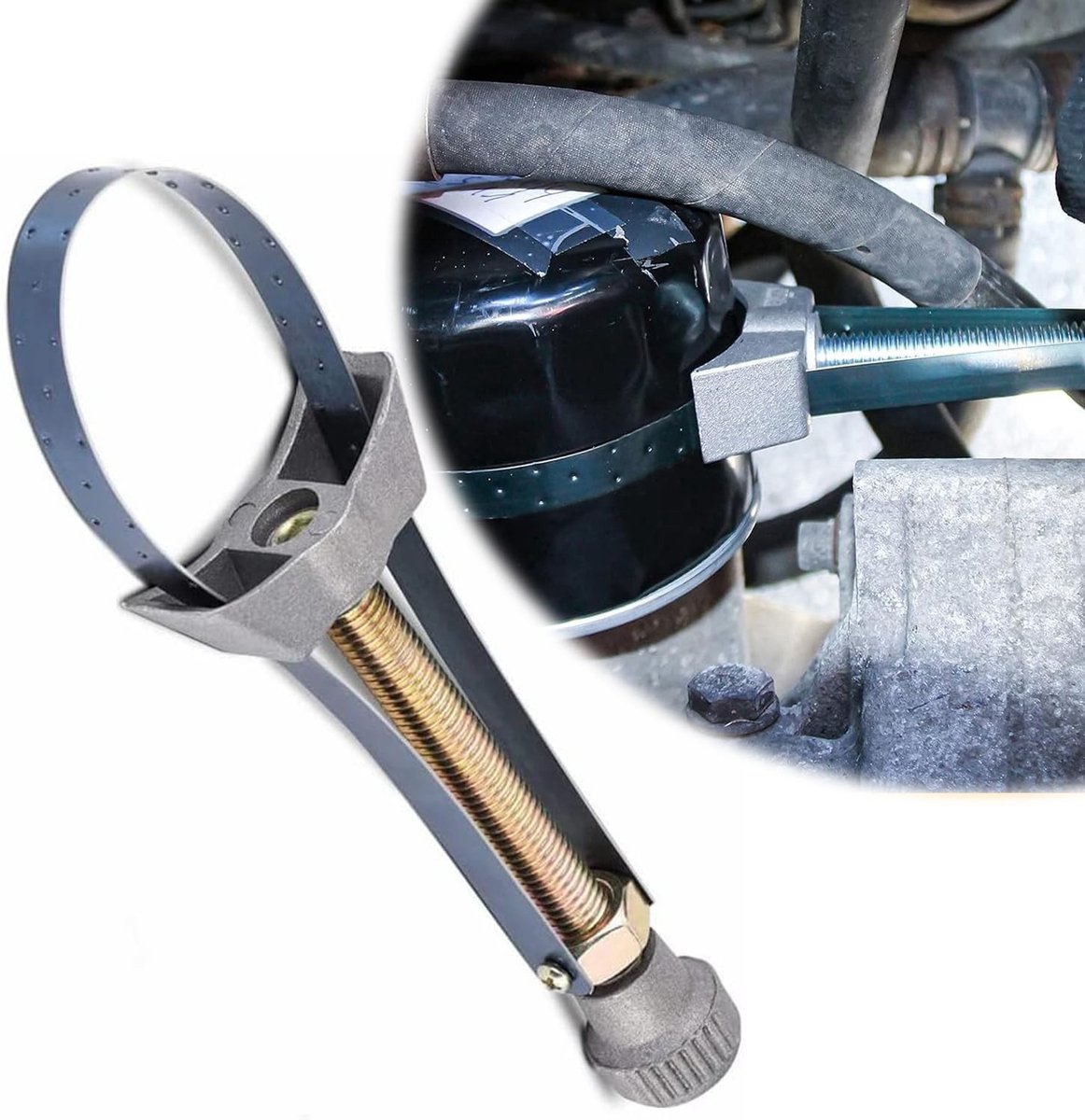 Dailygoods- Oliefiltersleutel Verstelbaar - Riemsleutel - Metalen Behuizing - Geschikt voor Voertuigen - Ergonomische Handgreep - Klembereik Ø 60-120 mm - Filtersleutel