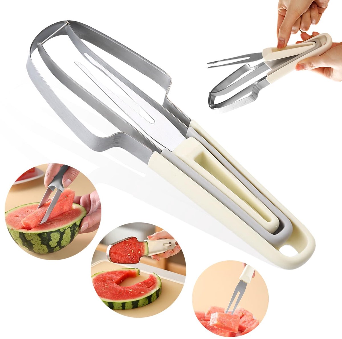 Dailygoods- Watermeloensnijder 3-in-1 - Multifunctionele Snijder - Roestvrij Staal - Snijdraad - Watermeloen Snijder - Papaja Snijder - Lichtgewicht 107 gram