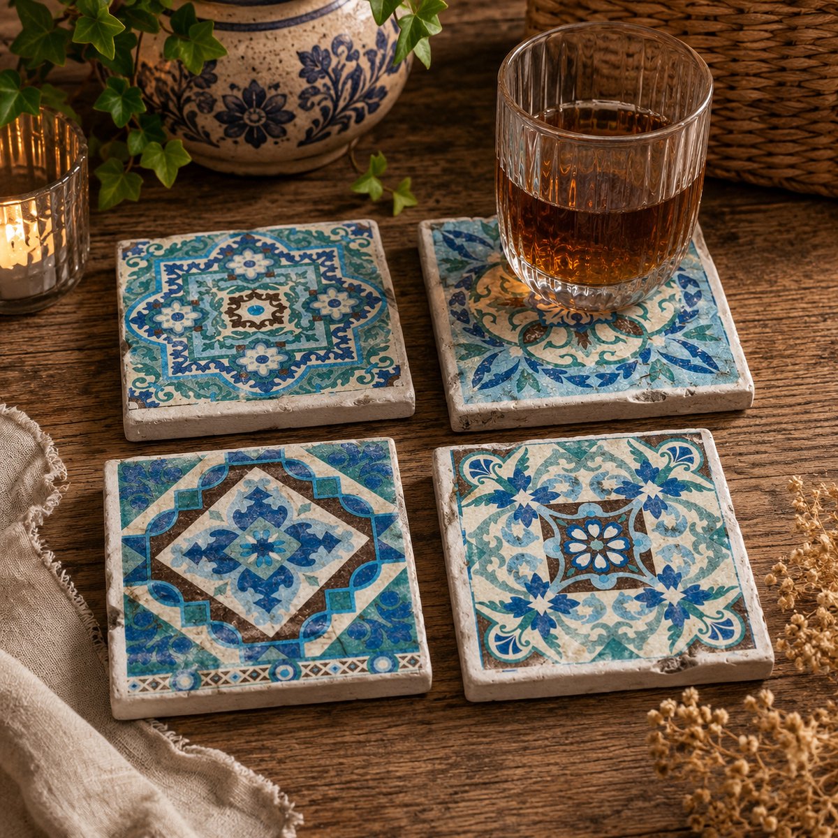 Onderzetters Old Dutch mandala - Set 4 stuks - Onderzetters voor glazen - vintage onderzetters - houten onderzetters - onderzetters voor kopjes - landelijke woonaccessoire - Cadeau voor vrouwen - coasters set - bohemian - ibiza stijl accessoires