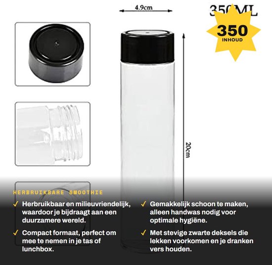 Dailygoods- Sapflessen 350 ml - Herbruikbare Drinkflessen - Lege Smoothie Flessen - PET Plastic - Zwarte Deksels - Voor Sap/Melk - Drankflessen van Dailygoods — afbeelding 3