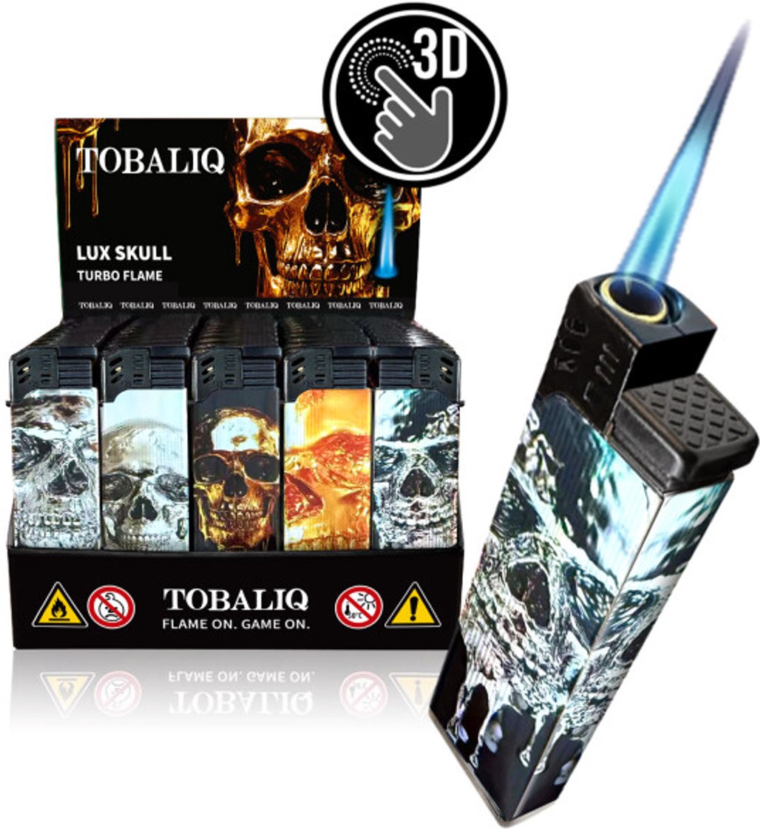 Tobaliq - Display 50 stuks- Turbo Aansteker - Design 3D JET-Motiefaansteker Lux Skull - Aansteker - Navulbaar - Stormaansteker - Vuurwerk aansteker - BBQ