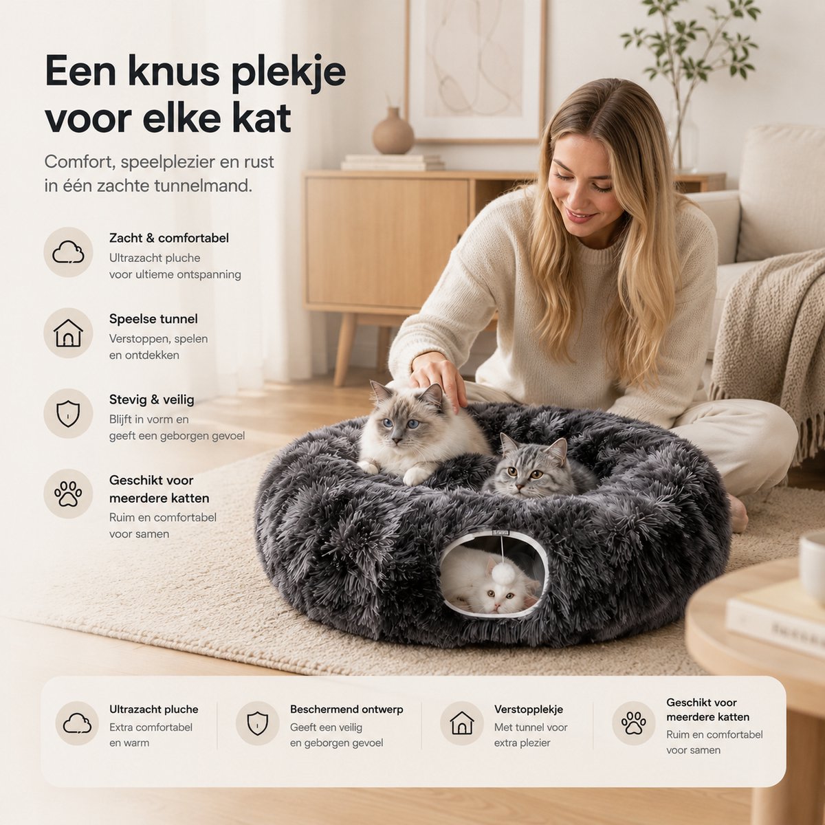 BOTC Kattentunnel met Kattenmand - Speeltunnel Voor Dieren - Tunnel Kat - Kattenhuis - Speeltunnel kat - Grijs thumbnail 2