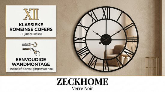Zeckhome Verre Noir – Horloge Murale Ø 60 cm – Horloge Miroir – Verre Glas – Chiffres Romains – Horloge Quartz Silencieuse