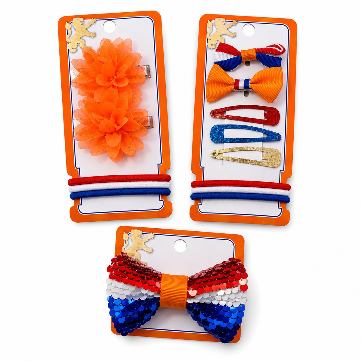 Holland Haaraccessoires Set – 3 Delige Oranje Haarset – Strik, Bloemen Haarclips en Haarspeldjes – WK 2026, EK en Koningsdag