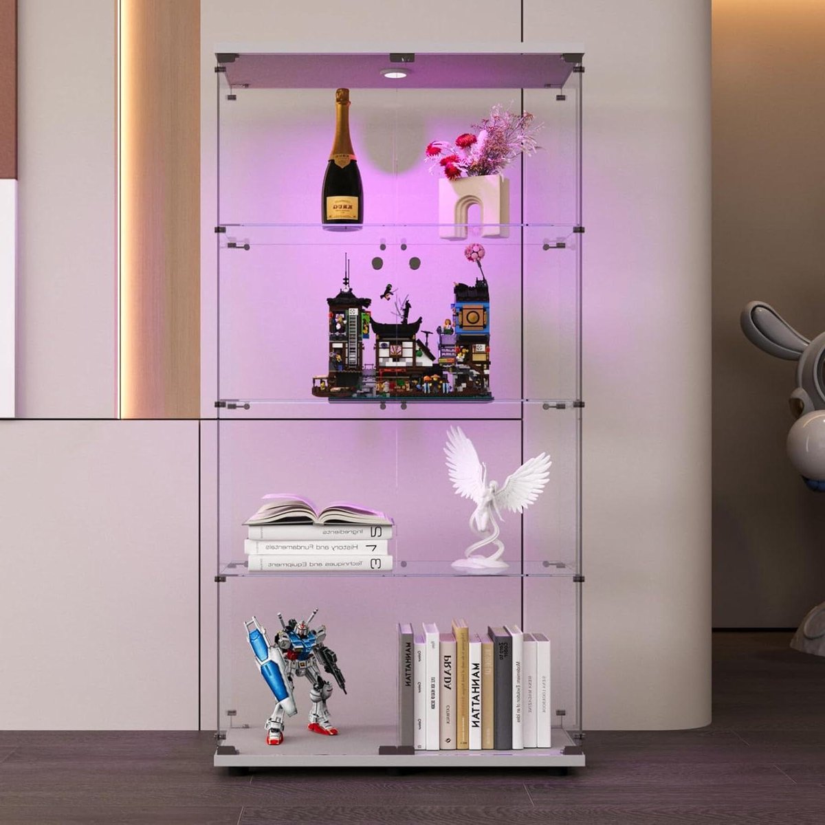 Vitrine van glas voor collectie, moderne verzamelkast met 4 lagen en 2 deuren, glazen vitr