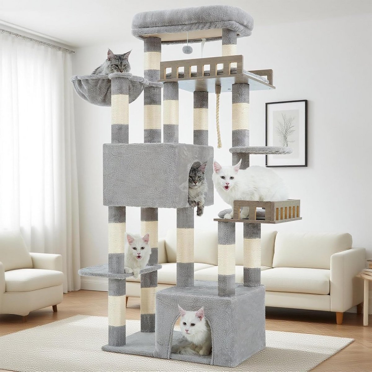 Kattenkrabpaal - Klimmeubel - Spelen en rusten - Stabiele brede basis - 174 cm hoog - Lichtgrijs