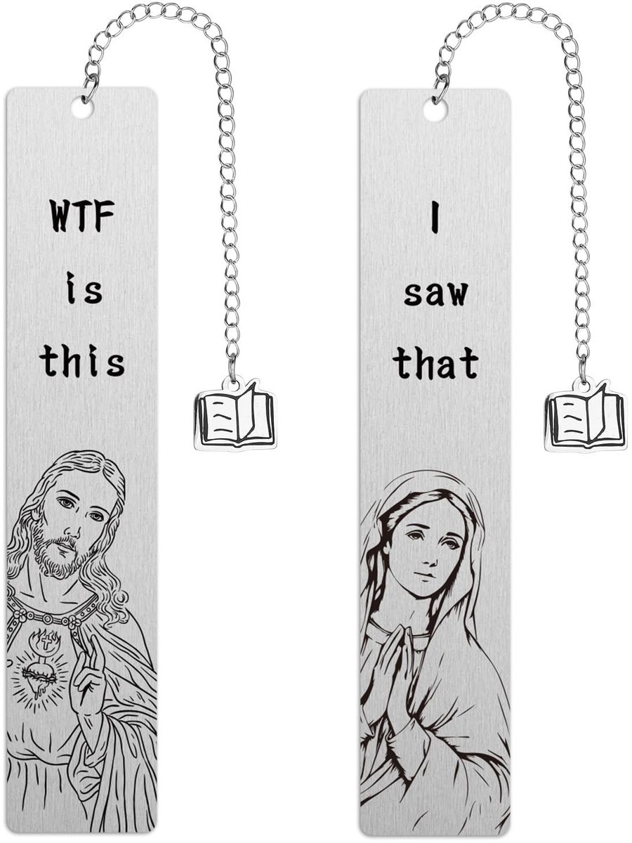 Dailygoods- Bladwijzers 2 Stuks - Grappige Jezus/Maagd Maria - Roestvrij Staal - 13x2,5 cm - Nieuwigheid Cadeau - Compact en Lichtgewicht - Boekenlegger