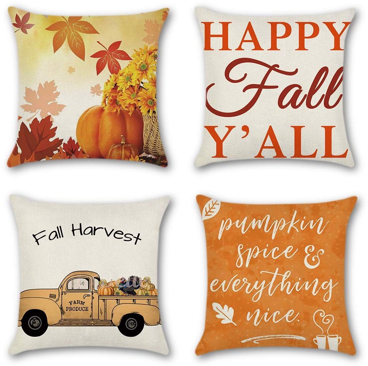 Dailygoods- Kussenhoezen 45 x 45 cm - Set van 4 - Katoen/Linnen - Decoratief - Herfst Thema - Verborgen Ritssluiting - Decoratieve Kussenslopen