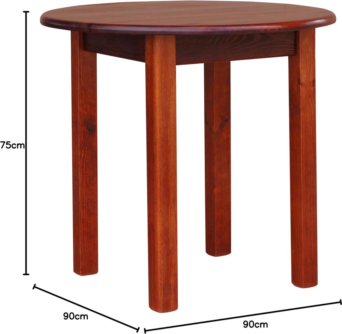 Klassieke Grenenhouten Ronde Eettafel Ø 90 cm – Massief Houten Keukentafel & Restauranttafel voor 2 tot 4 Personen – Comfortabele Eetkamertafel – Kleur Calvados (90 x 90 x 75 cm)