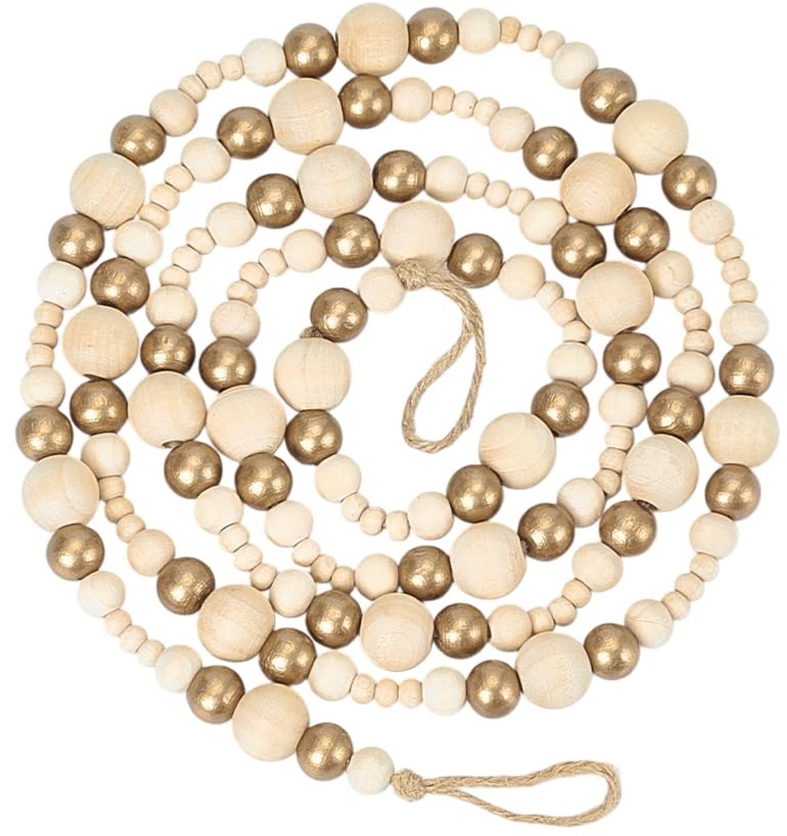 Dailygoods- Houten Kralen Garland 142 cm - Jute Koord - Natuurlijk Hout/Goud - Decoratie - Ophanglus - Woondecoratie - Kerstversiering