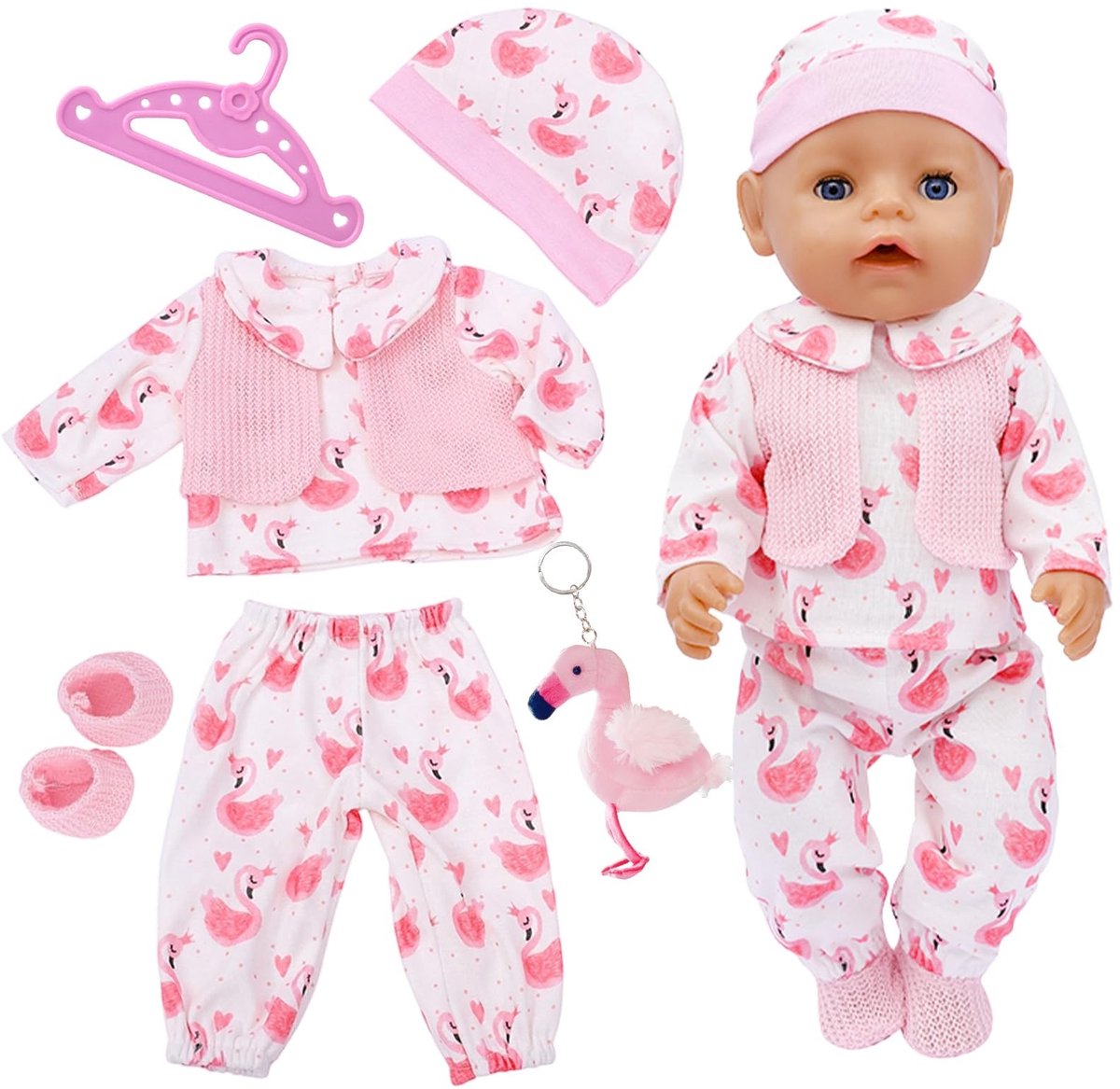 Dailygoods- Poppenkleding 6-delige set - Flamingo-thema - Outfit voor poppen 35-43 cm - Top/broek/sokken/hoed - Ideaal voor rollenspel - Vrolijke kleuren - Poppenoutfit