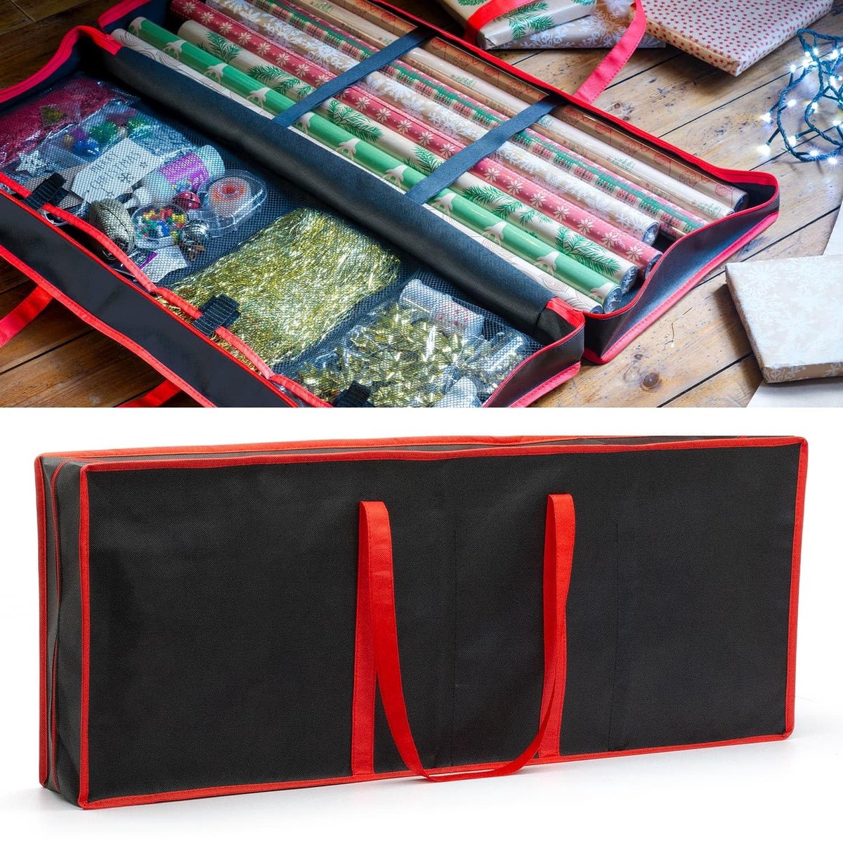 Dailygoods- Opbergtas voor Inpakpapier - Organizer voor Kerstdecoraties - Zwart 82 x 31 x 13 cm - Volledig Ritssluiting - Extra Groot Handvat - Houdt Rollen tot 80 cm Breed - Inpakpapierhouder
