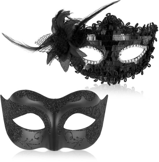 Dailygoods- Venetiaans Maskerade-Masker 2 Stuks - Zwart Kunststof - Elegant Kostuum - Feest Masker - Voor Dames/Heren - Afmetingen 17x9 cm - Feestmasker