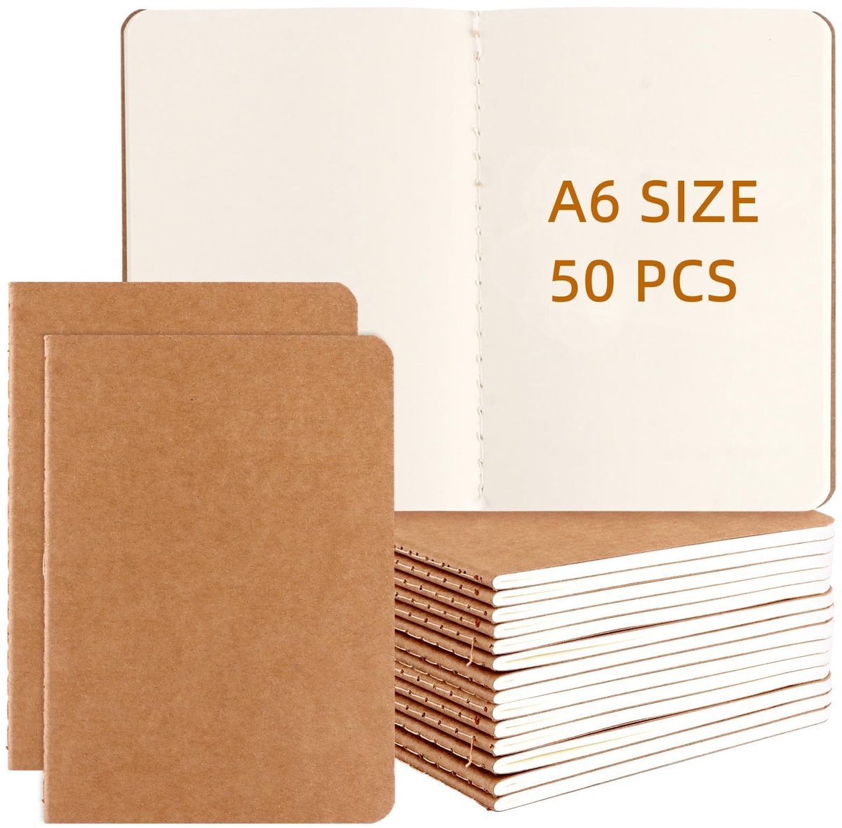 Dailygoods- Notitieboek A6 - Blanco - Ongelinieerd - Set van 50 stuks - Kraftpapier - Lichtgewicht - Schrijfblok